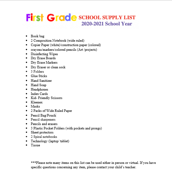 First Grade Supply List 